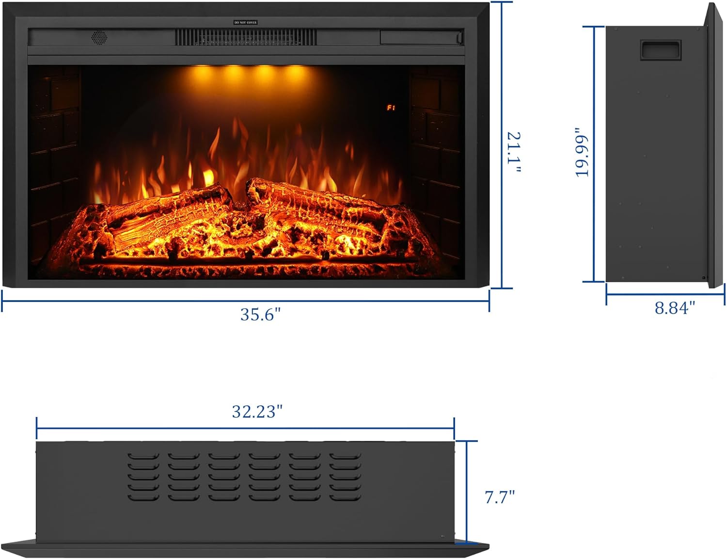 36 inch Wide 21 inch High Electric Fireplace, Wall Fireplace Electric with Remote Control, Realistic Log and Crackling Sound, Overheating Protection and Timer, 750/1500W Black