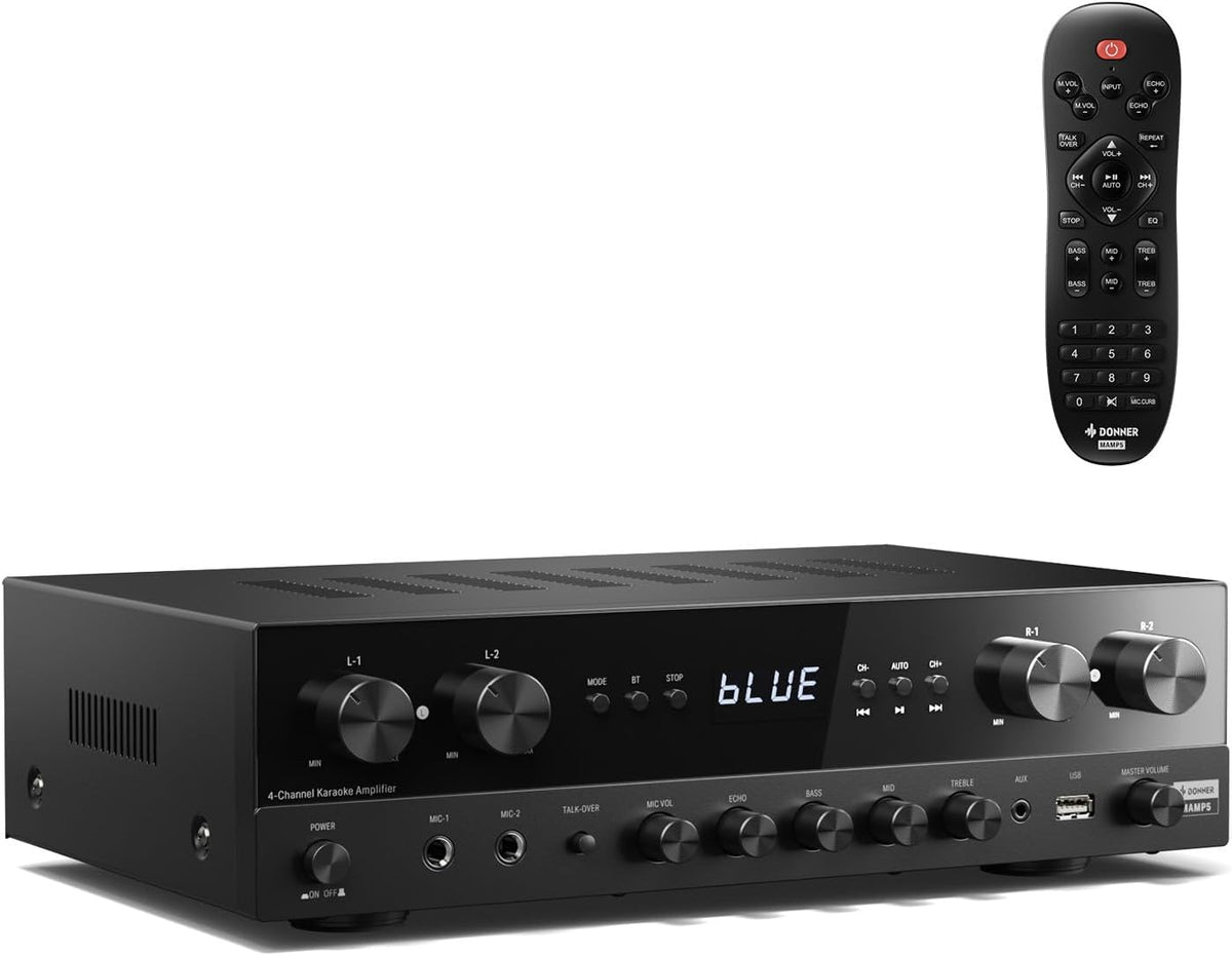 Donner Stereo Receivers Home Audio Amplifier  Premium 1000W Peak Power 4 Channel Amplifier with Bluetooth 5.0  USB  FM  2 Mic-in  Echo  RCA  Optical/Coaxial Input for Home  Karaoke  Theater Speakers