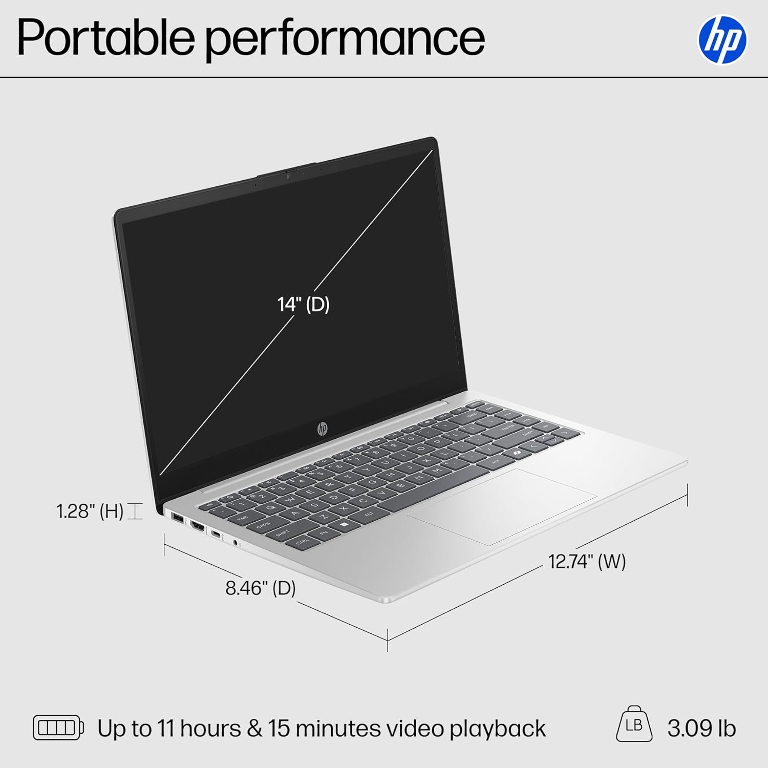 HP 14 inch Laptop  HD Display  Intel Core i3-N305  8 GB RAM  256 GB SSD  Intel UHD Graphics  Windows 11 Home in S Mode  Natural Silver  14-ep0299nr