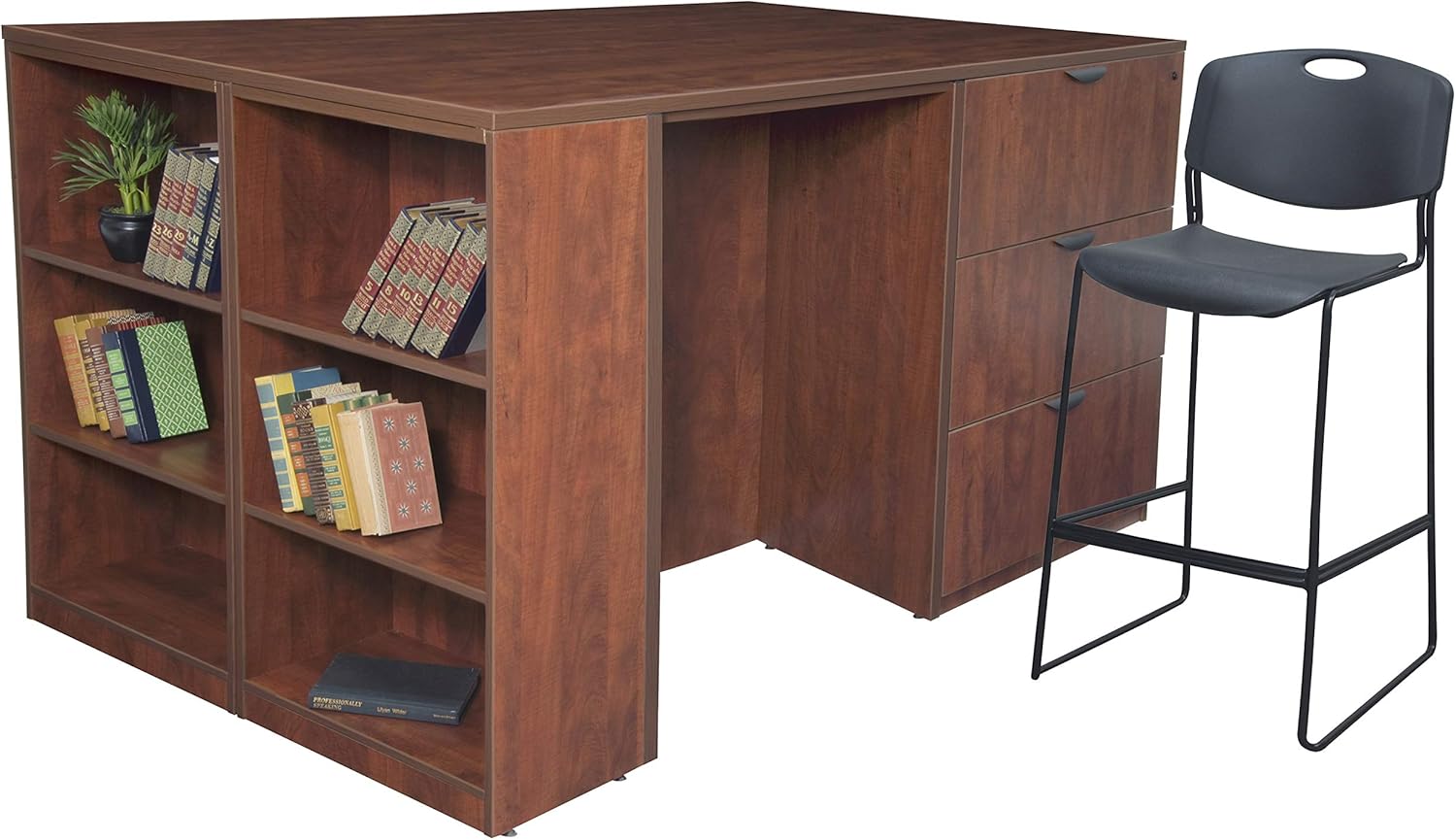 Regency Legacy Stand Up 2 Lateral File/ 2 Desk Quad with Bookcase End- Cherry