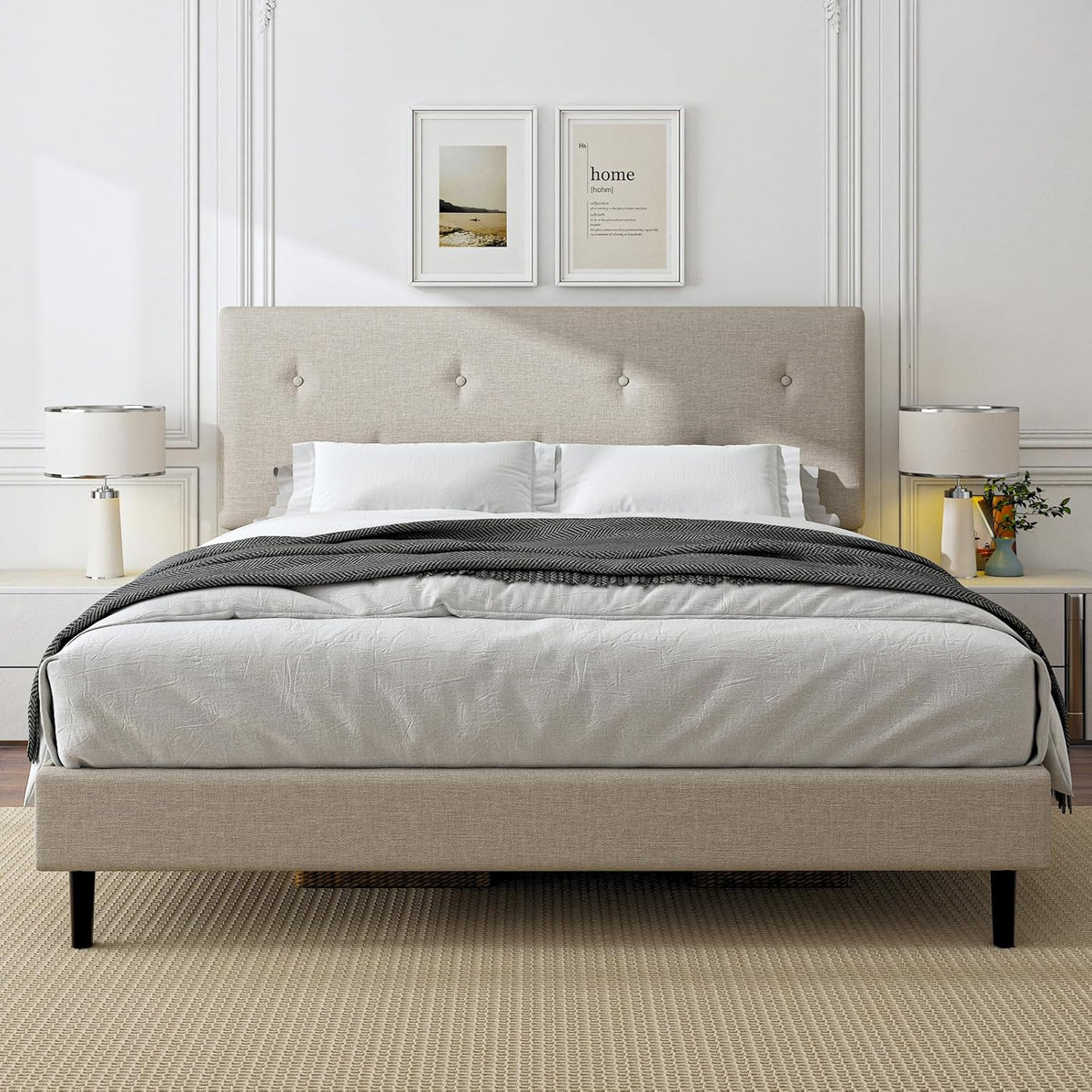 King Size Linen Bed Frame, Upholstered Platform Bed Frame with Adjustable Headboard, Wooden Slats Support, Easy Assembly, No Box Spring Needed, Beige