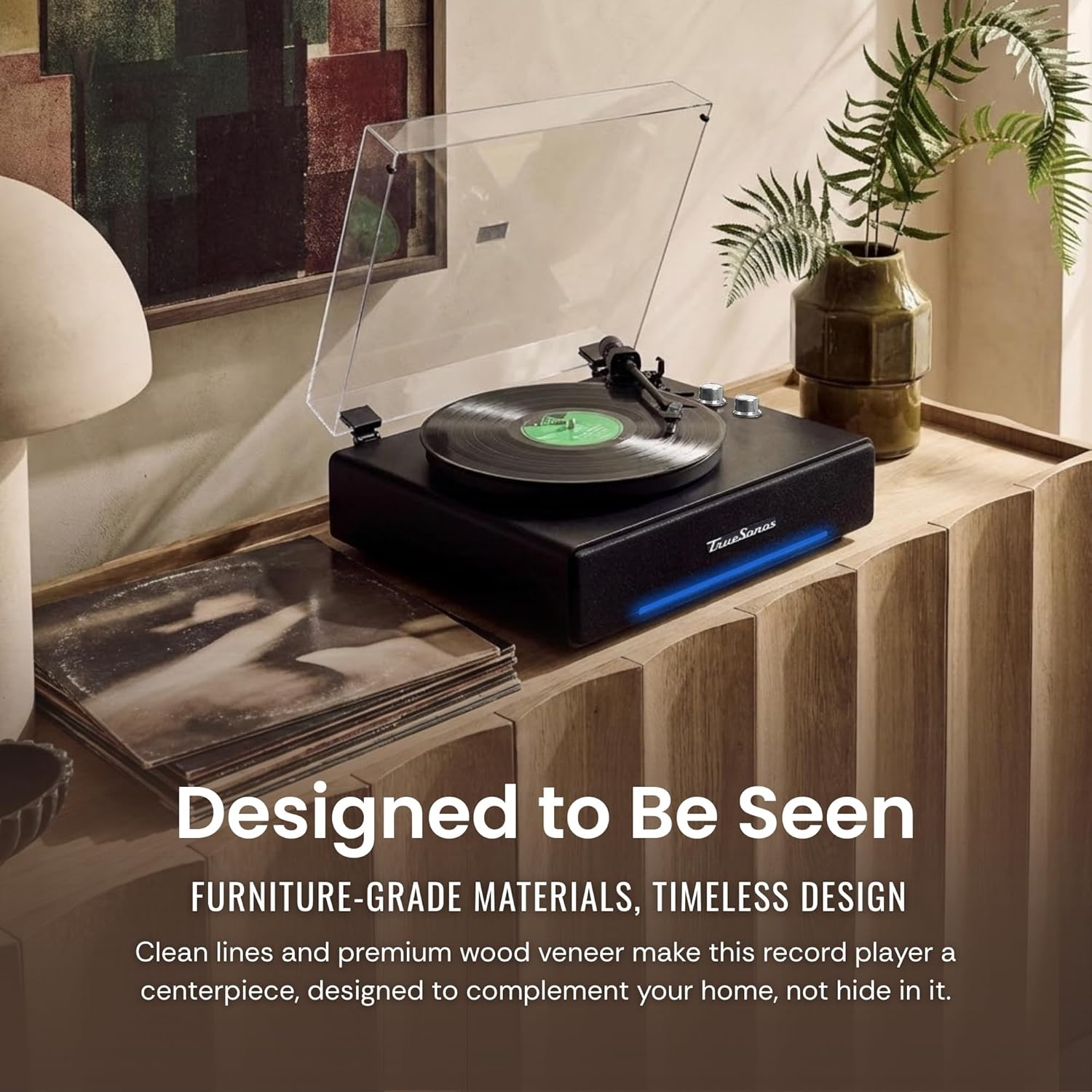 Hi-Fi Record Player with Speakers | Premium Vinyl Turntable with Bluetooth Capability | Built-in 4-Speaker Stereo System for Music Fans  Black Veneer + Silver Trim