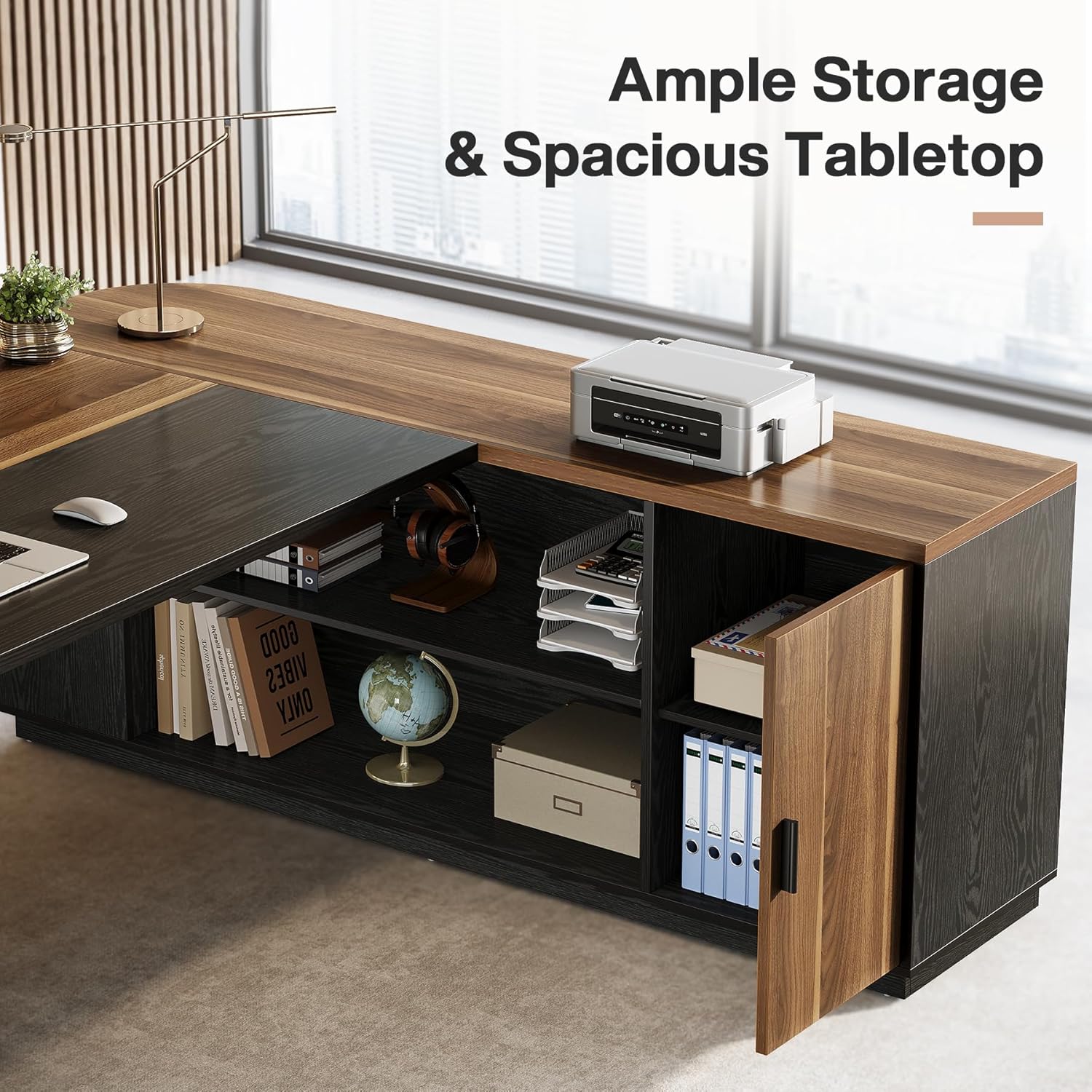 Tribesigns 79-Inch Executive Desk, Large Office Desk with Cabinet, L-Shaped Compter Desk with Storage Shelves, Writing Table for Home Office, Brown and Black