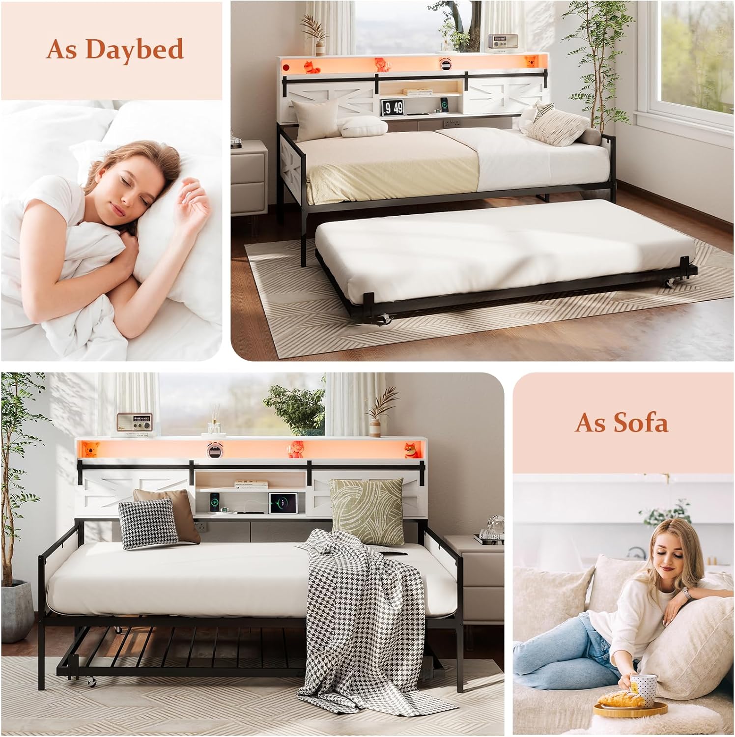Twin Daybed with Trundle Bed, Rustic Farmhouse Daybed Frame with Sliding Barn Door Headboard LED Lights and Charging Station, Heavy Duty Metal Daybed for Guest Room Living Room Bedroom White