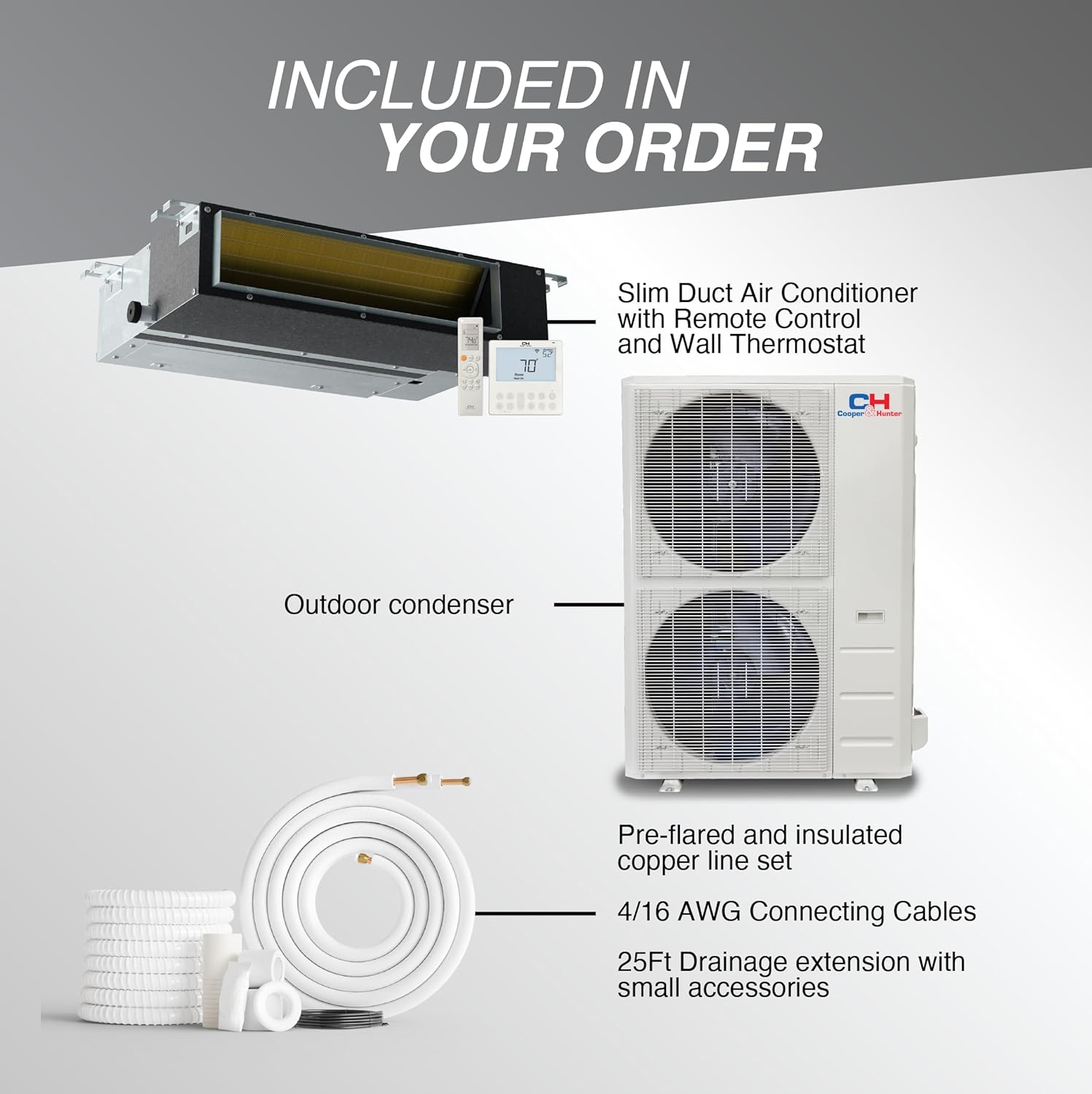 Cooper & Hunter 48,000 BTU 230V Concealed Slim Ducted Mini Split Air Conditioner & Heat Pump – 17.1 SEER2 Inverter System – Includes 25FT Installation Kit – Ducted AC/Heating