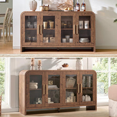 Sideboard Buffet Cabinet Unique Curved Large Credenza Storage Cabinet with 4 Glass Doors, FSC-Certified Wooden Board Console Cabinet, Kitchen Coffee Bar Cabinet for Living Room, Hallway