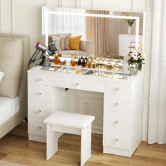 VOWNER Vanity with Lighted Mirror - Glass Top Makeup Desk with Power Outlet and 9 Drawers, 3 Color Lighting Modes Adjustable Brightness, 43" Vanity Desk with Soft Cushioned Stool for Bedroom, White