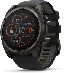 Garmin Fenix 8 Premium Multisport GPS Running Smartwatch  51 mm  Sapphire  Solar  Dive-Rated  Built-in Flashlight  DLC Titanium with Pebble Gray Band - Signature Series Charging Stand