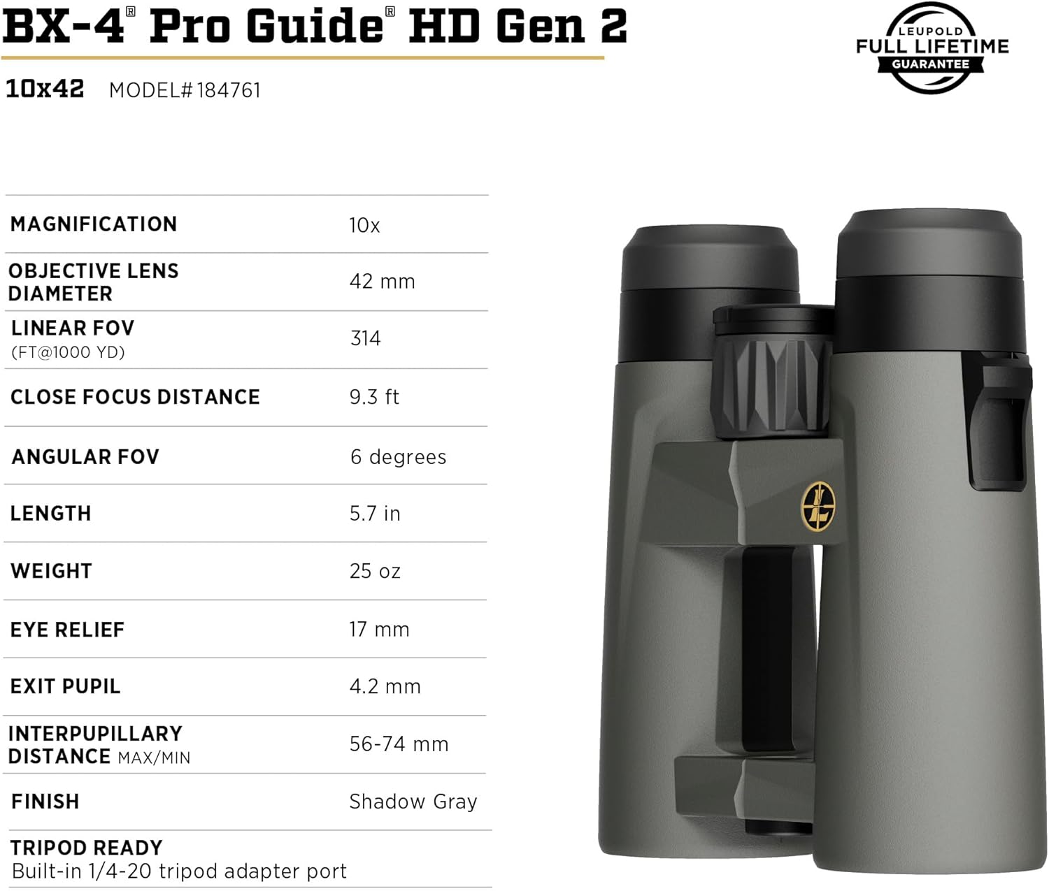 Leupold BX-4 Pro Guide HD Binoculars  10x42mm Gen 2 (184761)