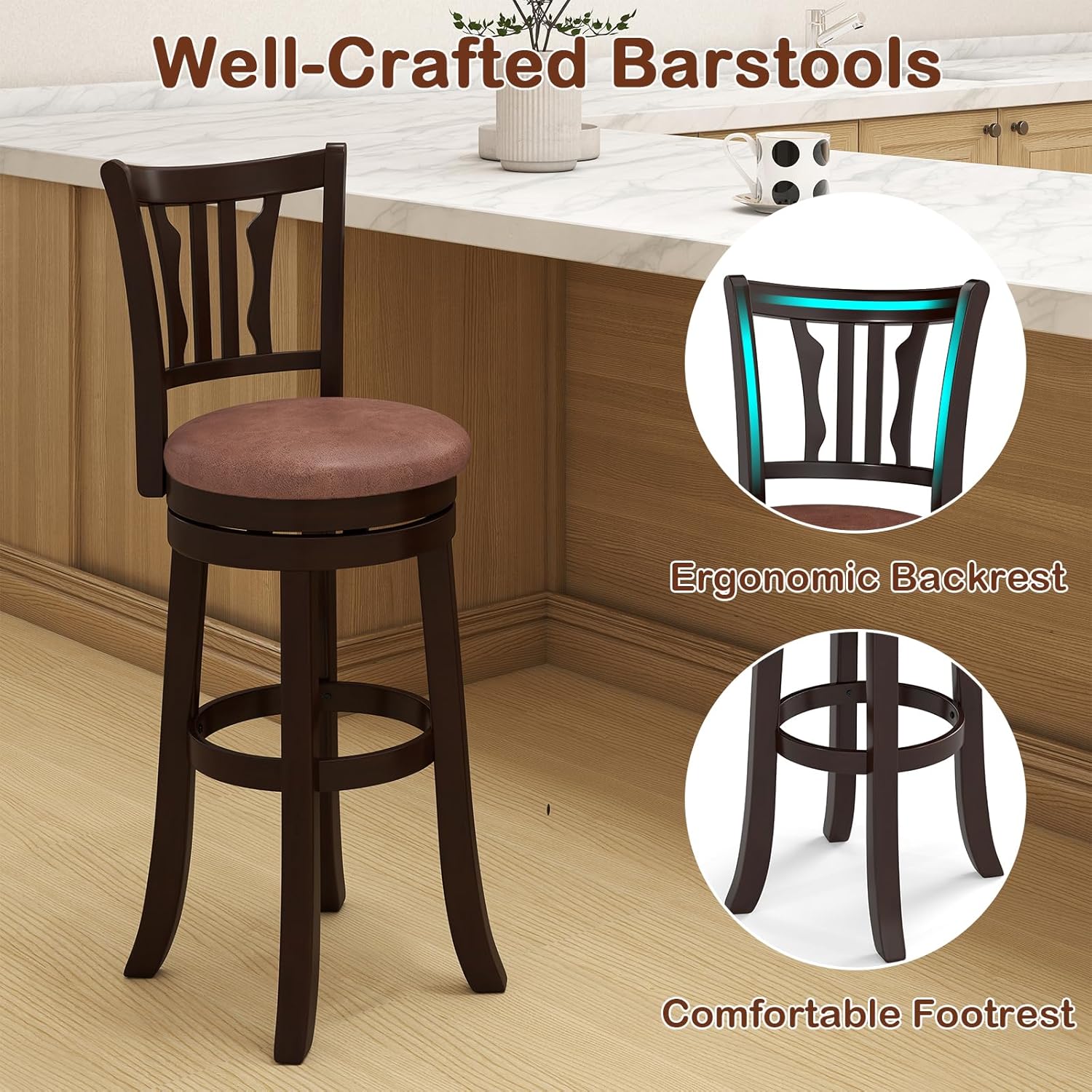 COSTWAY 30" Bar Height Stools Set of 4, Swivel High-Top Chairs with Backrest & Faux Leather Padded Seat, Rubber Wood Counter Barstools with Footrest for Kitchen Islands, Dining Room, Pub (4,30'')