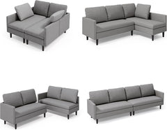 Gizoon Convertible Sectional Sofa, Convertible to L-Shaped Sofa, Linear and Sofa Bed, with Comfortable and Soft Fabric, Four Pillows, for Living Room, Apartment and Office, Light Gray