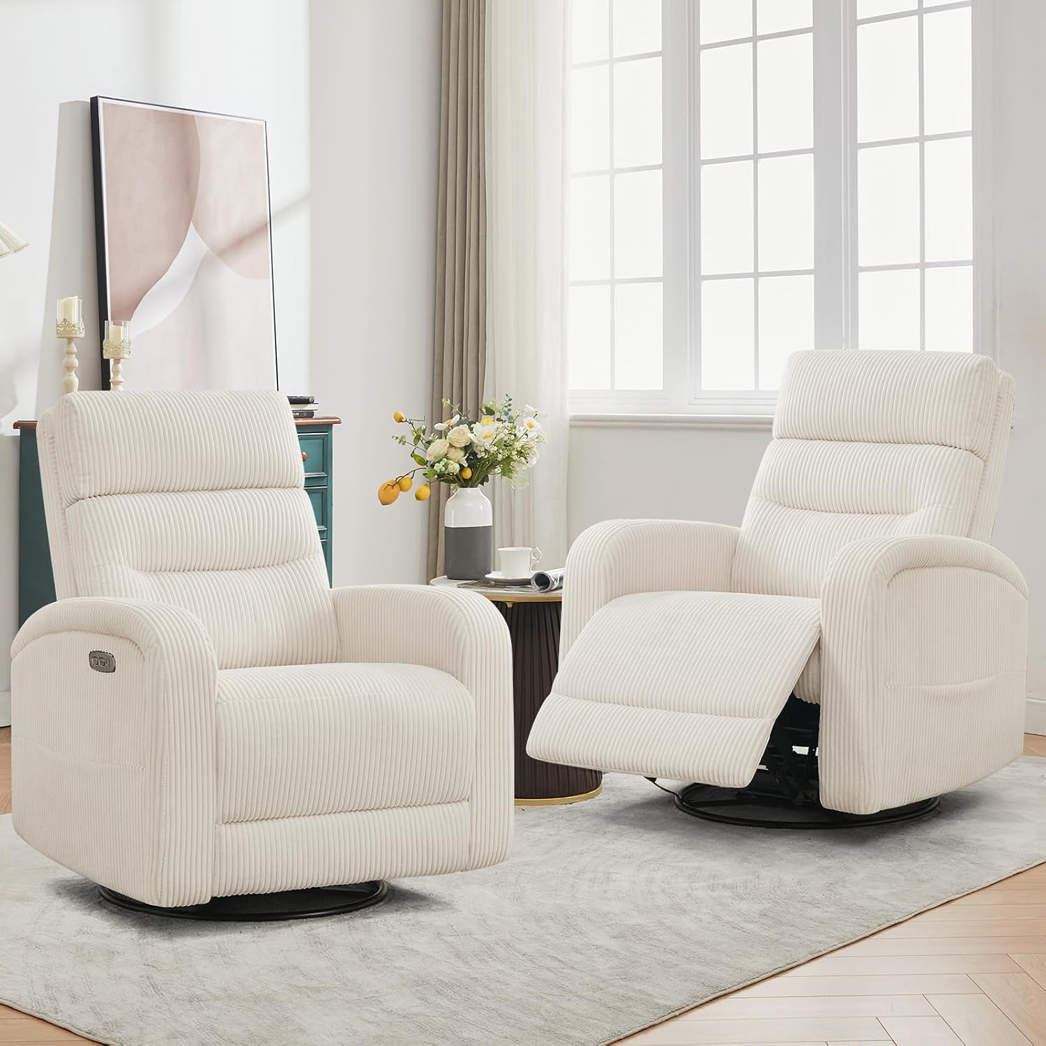 Power Swivel Rocker Recliner Chair for Nursery, Swivel Reclining Rocking Chairs, Electric Swivel Recliner Glider Nursery for Living Room, Upholstered Recliner Chairs for Bedroom, Corduroy White