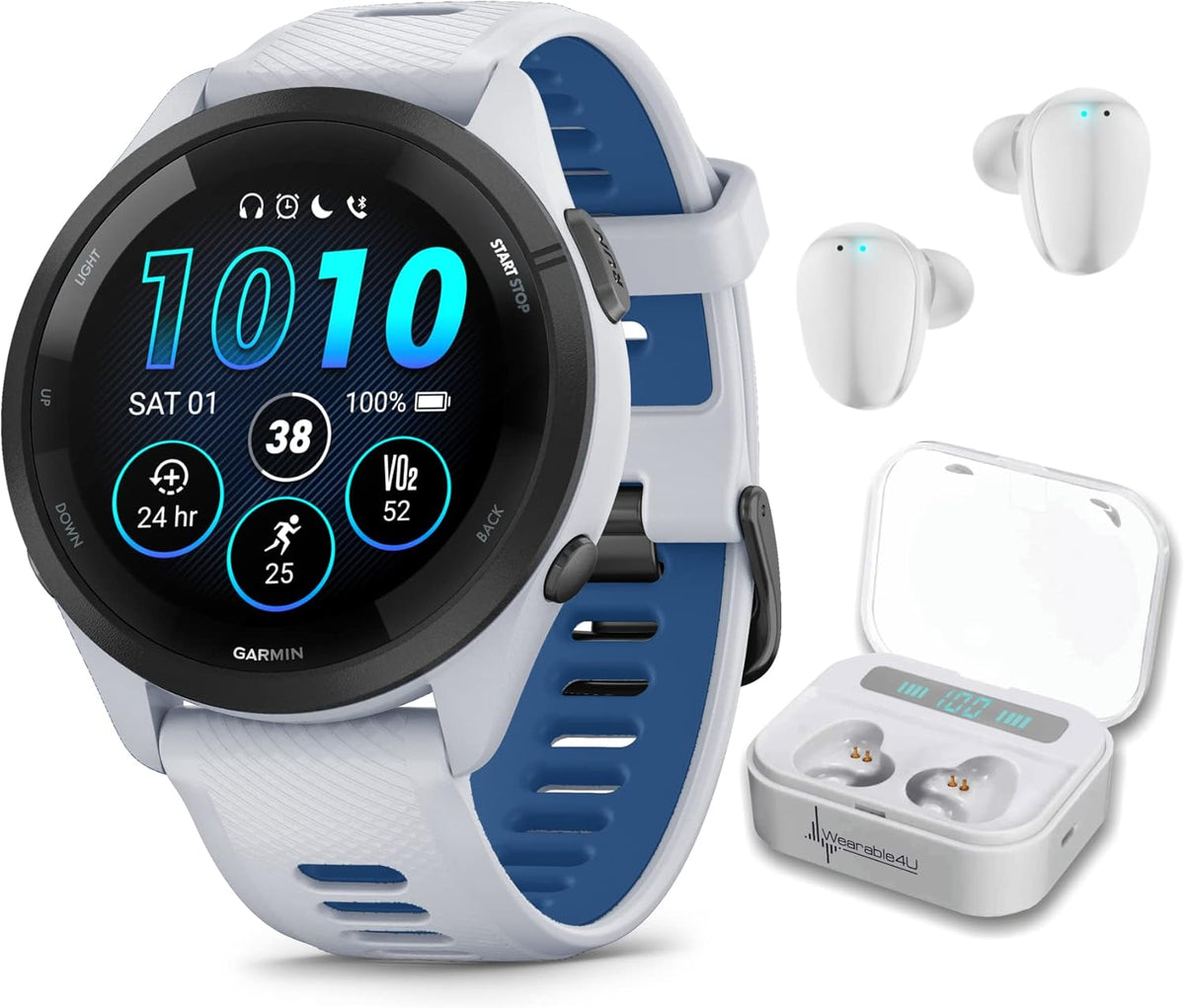 Wearable4U Garmin Forerunner 265 Music GPS Running 46 mm Smartwatch  Whitestone with AMOLED Touchscreen Display White Earbuds Bundle