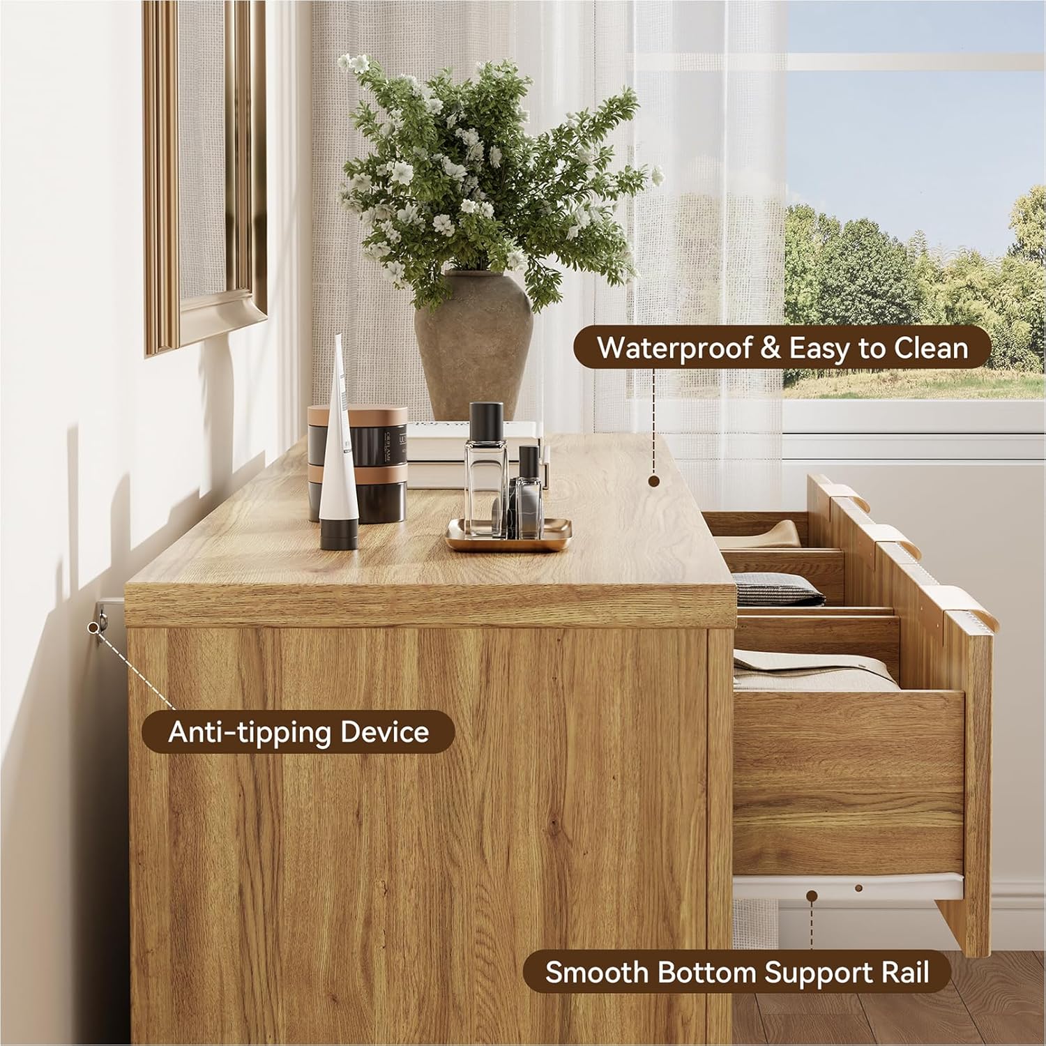 Fluted Dresser for Bedroom, 7 Drawer Dresser with Gold Handle, 54" Wide Chest of Drawers, Modern Wood Dressers Organizer for Bedroom, Liveroom, Entryway, Natural Oak