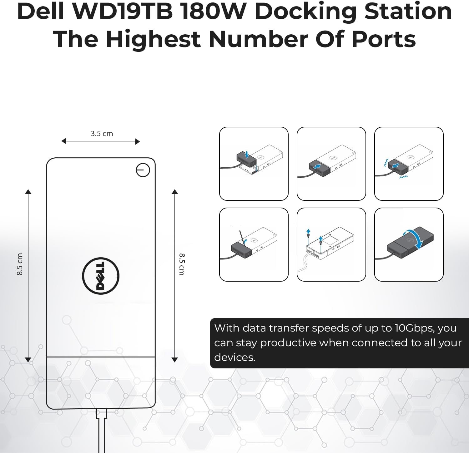 Dell WD19TB Thunderbolt Docking Station with 180W AC Power Adapter (130W Power Delivery) + HDMI Cable + DisplayPort Cable + Thunderbolt Cable + Microfiber Cloth Included