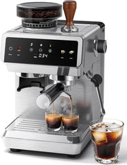 AMZCHEF Espresso Machine with Grinder: 20 Bar Semi Automatic Coffee Machine with 44 Grind Settings, 4-Temperature for Hot & Cold Brew | 8mm Milk Frother for Latte & Cappuccino,Stainless Steel