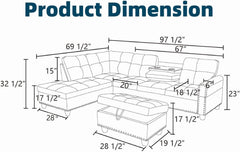 97.5" L Shaped Couch Set, Modular Sectional Couches for Living Room with Storage Ottoman, 4 Seat Home Sofa Living Room Furniture Sets with Chaise for Apartment Office (Leather, Black)