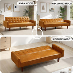74" Futon Sofa Bed, Mid Century Modern Futon Couch, Small Sofa Cama, Loveseat, Small Couches for Living Room, Office(Faux Leather, Brown)