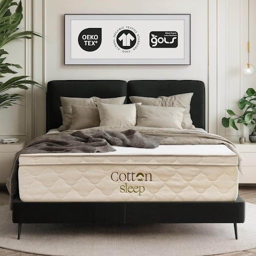 CottonSleep All Natural Mattress (100% Organic Cotton, Wool, & GOTS Latex, Made in The USA) Non Toxic, Fiberglass Free Hybrid Pocket Coil and Plush Foam Bed in A Box Medium Soft - Queen, 13"