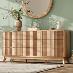 63'' Wide 9 Drawers Dresser for Bedroom,Modern Fluted Vertical Chest with Rounded Corners,Fluted Dresser for Living Room,Hallway, Natural Wood