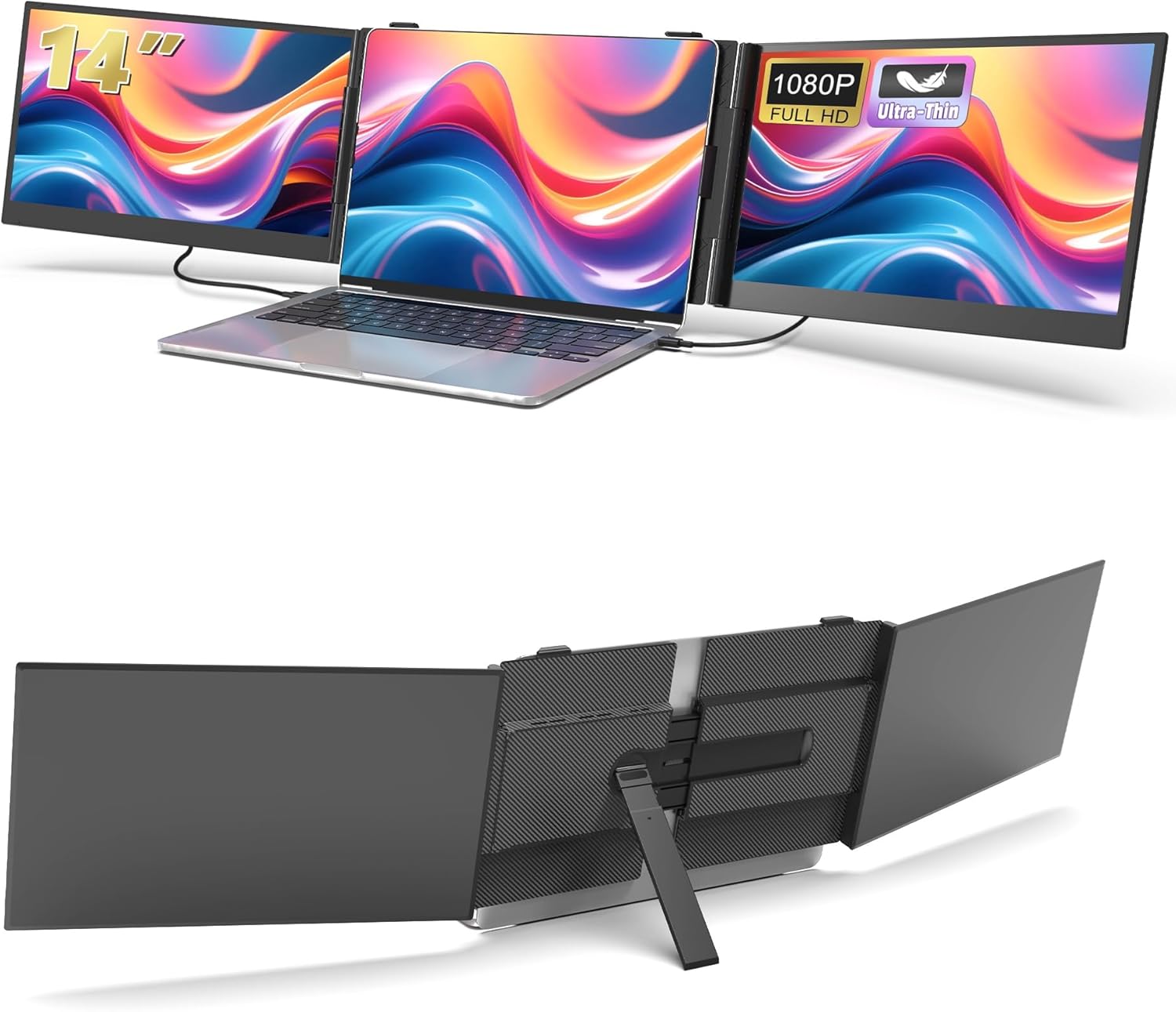 14" Triple Laptop Screen Extender  1080P FHD IPS Ultra-Slim Portable Dual Monitor for Laptop  USB C HDMI Plug-Play Monitor Extender for Triple Display for MacOS/Windows  Fits 13-17.3" Laptops