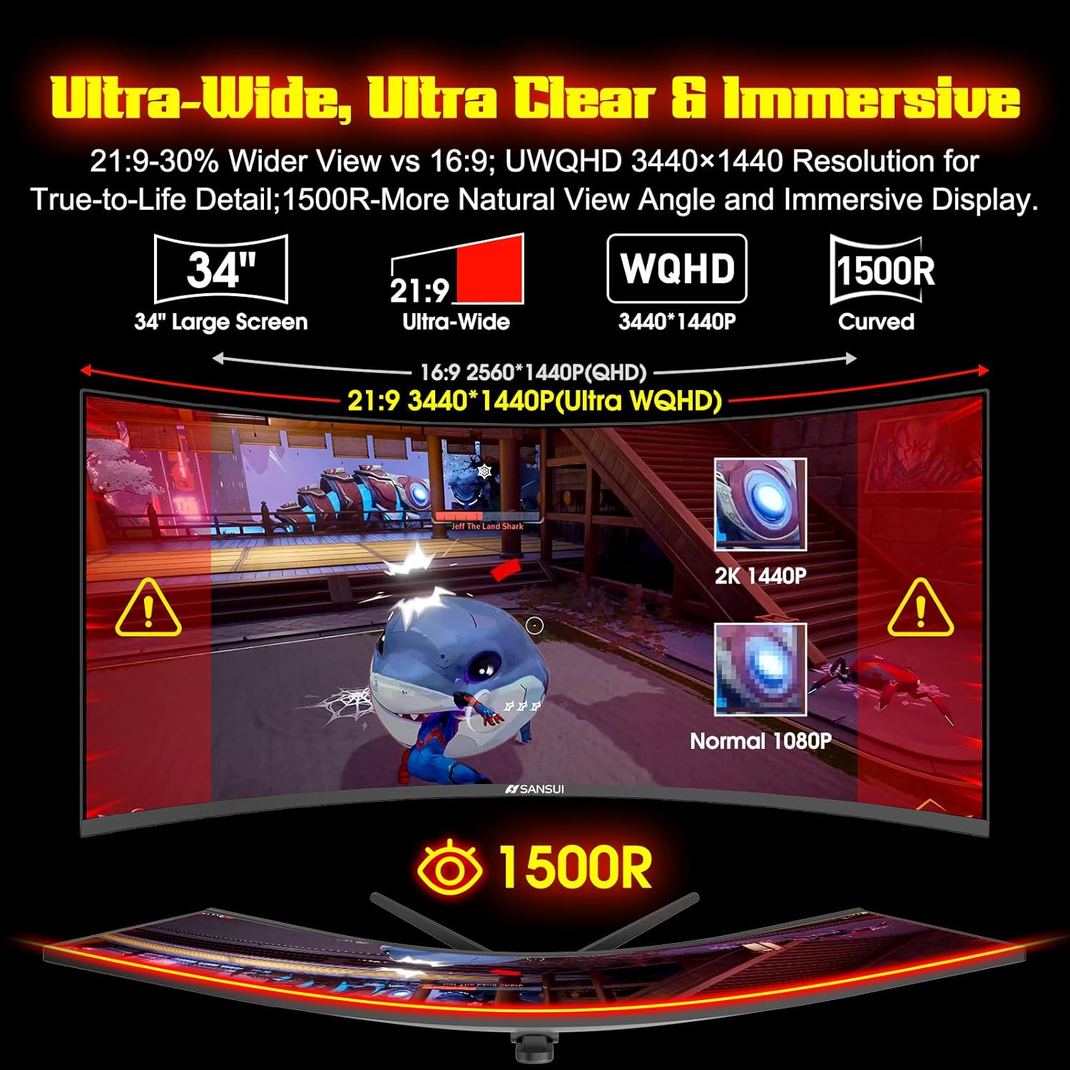 SANSUI 34 Inch 240Hz Ultrawide Curved Gaming Monitor UWQHD 3440×1440  21:9 2K Curved Monitor 1500R HDR400 Fast VA  PIP/PBP AI Crosshair AIPQ(Visual Enhance) MPRT 1ms HDMI2.1*2 DP1.4*2(DP Cable Incl.)