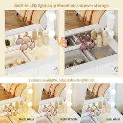 VOWNER Vanity with Lighted Mirror - Makeup Vanity Desk with Glass Top and 11 Drawers, 3 Color Lighting Modes Adjustable Brightness, 46" Vanity Table with Soft Cushioned Stool for Bedroom, White