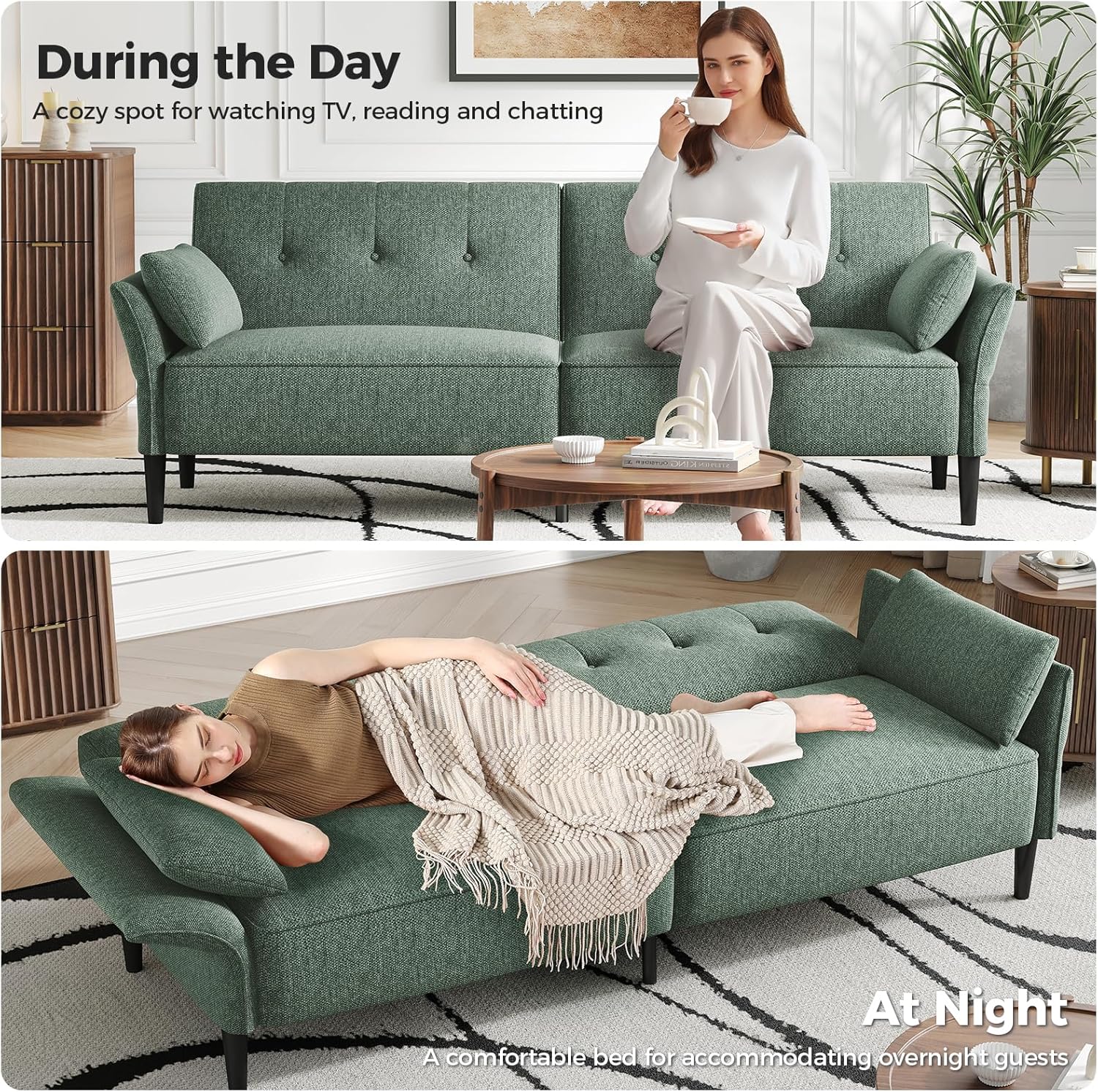 89” Futon Sofa Bed,Comfy Futon Couch Bed with 2 Square Pillows,Convertible Sleeper Sofa with Adjustable Backrest& Armrests, Modern Loveseat Sleeper for Living Room, Bedroom, Linen Green