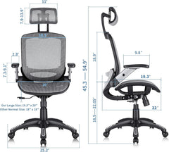 GABRYLLY Ergonomic Office Chair, High Back Home Desk Chair with Headrest, Flip-Up Arms, 90-120° Tilt Lock and Wide Cushion, Big and Tall Mesh Chairs for Man Woman, Grey Task Chair