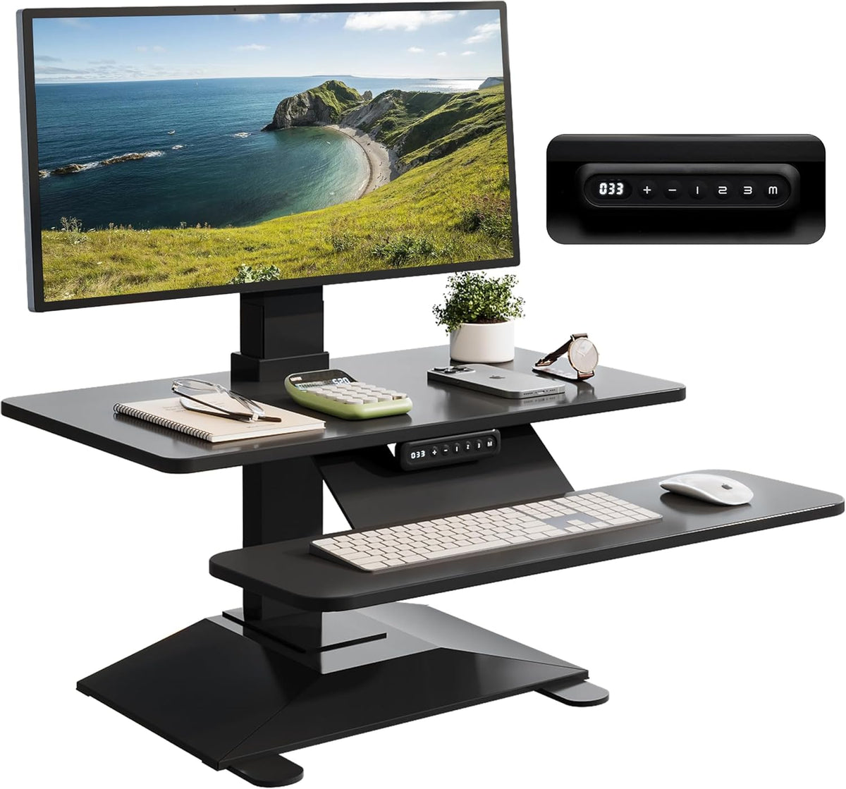 Electric Standing Desk Converter 28" Wide, Height Adjustable Desk Riser, Computer Workstation, Sit-Stand Convertor for Home, Office, School (Black, 1 Arm Included)
