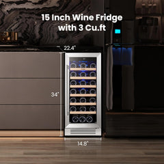 Yeego Wine Fridge Cooler - 15 Inch Wine Fridge Hold 33 Bottles, 40-65°F Wine Refrigerator Glass Door, Built in, Freestanding Under Counter Fridge for Beer Soda Drink Home Bar Office
