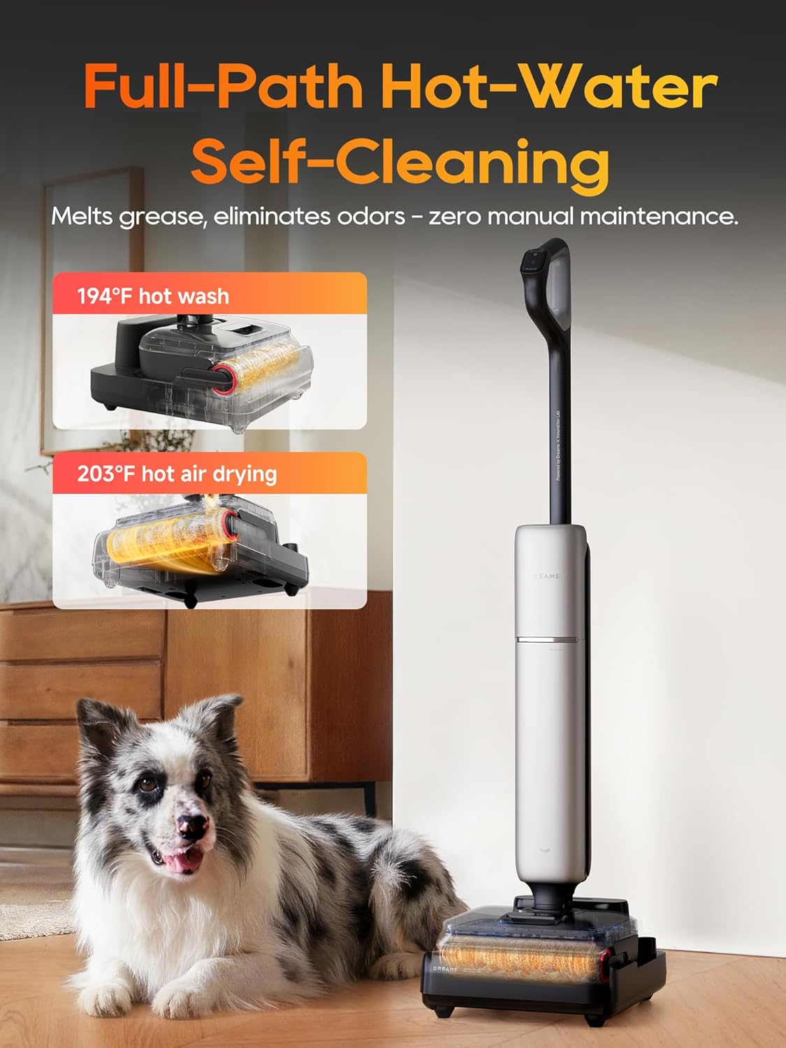 DREAME Aero Pro Wet Dry Vacuum Mop, Ultra-Slim with Hot Self-Cleaning/Self-Drying, 0 Hair Tangle Great for Pet Owner, Powerful Wet Dry Vacuum with 60min Runtime, Pick-up & Mop at The Same Time