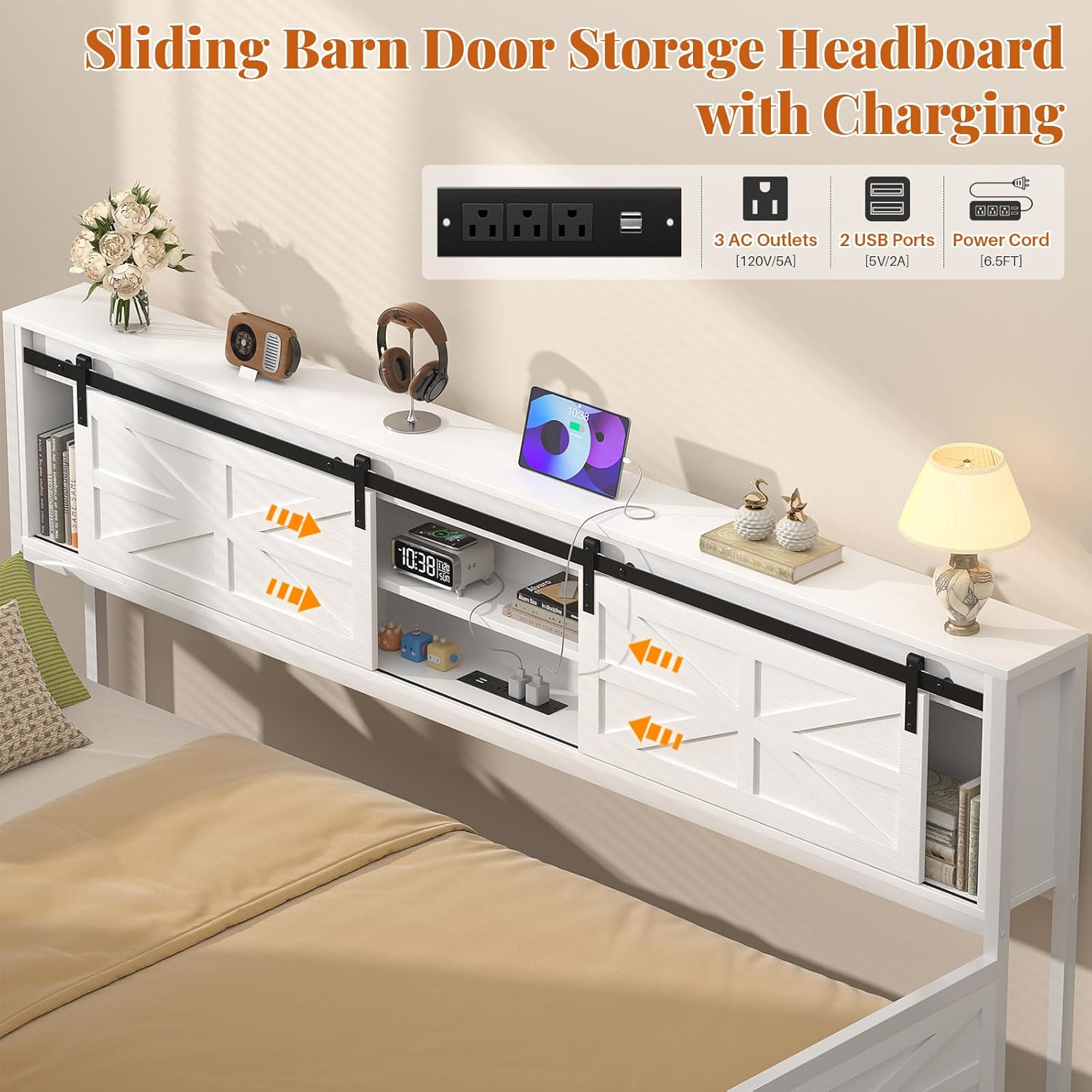 Homieasy Twin Daybed with Pop Up Trundle, Farmhouse Twin Bed with Bookcase Headboard and Charging Station, Metal Sofa Bed Frame with Barn Door Storage for Living Room, Bedroom, Guest Room, White