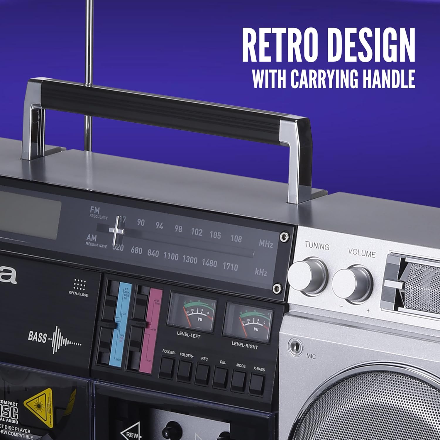aiwa Retro Boombox CD Player with Cassette Recording  Bluetooth 5.0  FM/AM Radio  USB/SD/AUX Inputs  VU Meters  LCD Display  Dual 40W Speakers - Silver