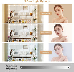 VOWNER Vanity with Lighted Mirror - Makeup Vanity Desk with Glass Top, 7 Drawers and Power Outlet, 3 Color Lighting Modes Adjustable Brightness, 44" Vanity Table with Stool for Women Girls, White