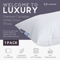 Lincove Cloud Natural Canadian Down Pillow, White Luxury Sleeping Pillow - 625 Fill Power, 500 Thread Count Cotton Shell, Made in Canada, Standard - Firm, 1 Pack