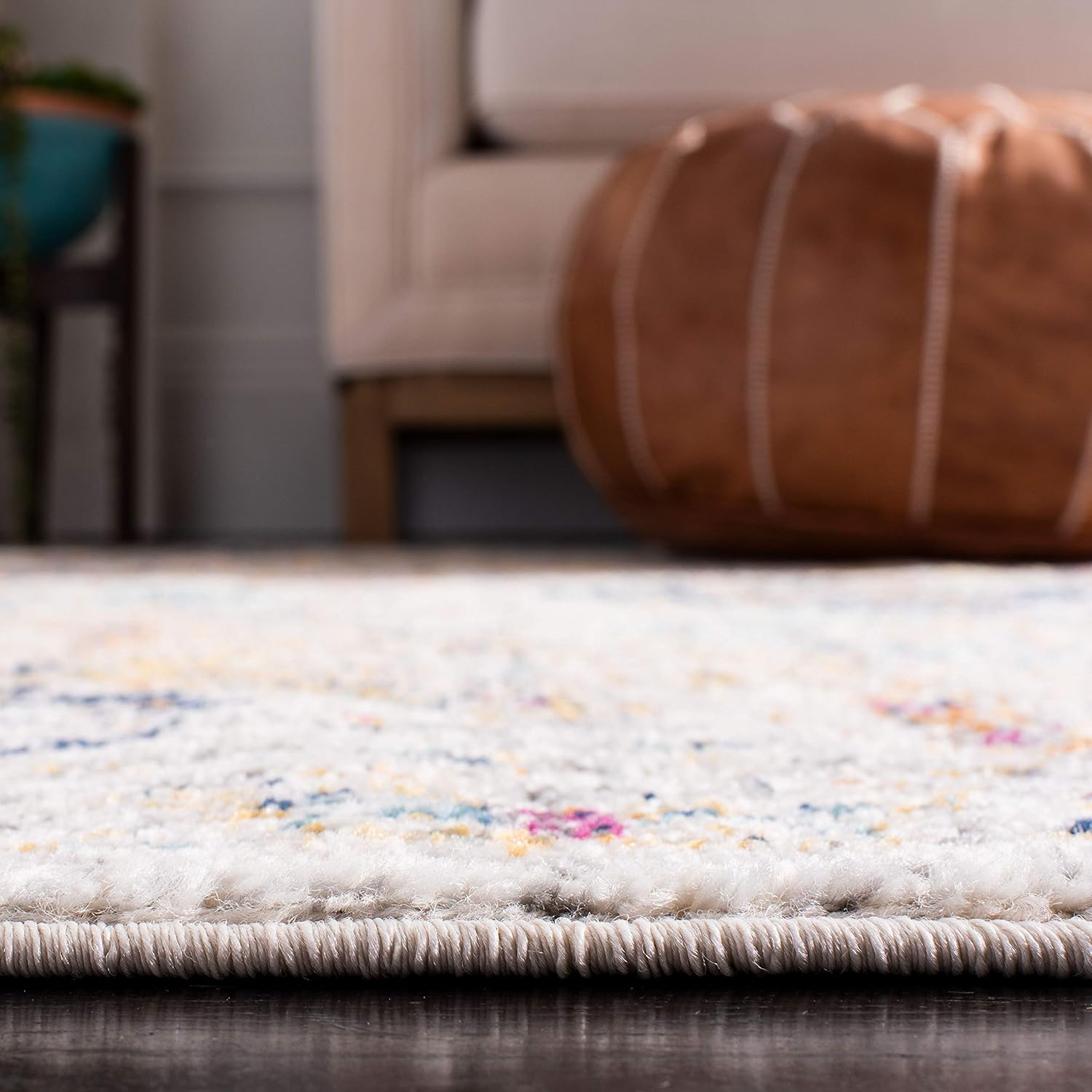 SAFAVIEH Madison Collection Area Rug - 12' Square, Cream & Multi, Boho Chic Distressed Design, Non-Shedding & Easy Care, Ideal for High Traffic Areas in Living Room, Bedroom (MAD611B)