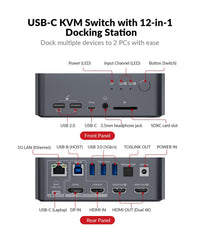 AV Access Docking Station Dual Monitor  KVM Switch 2 Monitors 2 Computers (Laptop & Desktop)  USB-C Charge & Ethernet for Laptop  EDID  4K@60Hz Dual HDMI Output  120W Power Adapter  5xUSB  Audio  SD