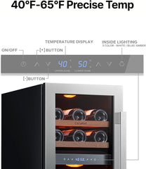 Ca'Lefort 15 Inch Wine Fridge & Cooler - Dual Zone 28 Bottles Wine Cooler with Glass Door, Small Wine Refrigerator with 3 LED Light Built-in for Home Bar Kitchen Left-Hinged Door (3.0 cu.ft)