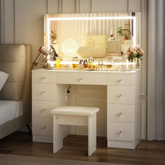 VOWNER Vanity with Lighted Mirror - Glass Top Makeup Desk with Power Outlet and 9 Drawers, 3 Color Lighting Modes Adjustable Brightness, 43" Vanity Desk with Soft Cushioned Stool for Bedroom, White