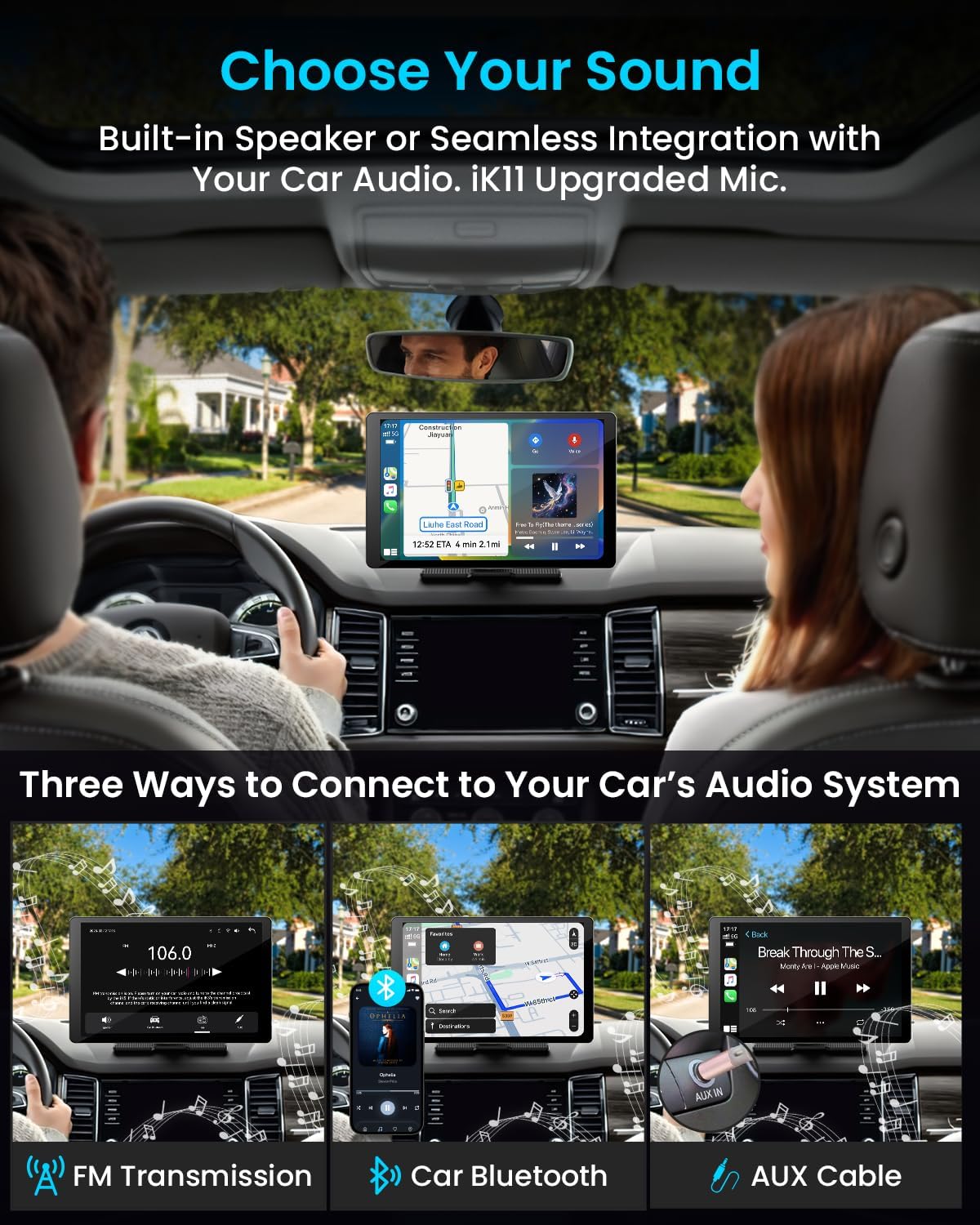 11" Extra Large Wireless Apple CarPlay Screen for Car – Ultra-Slim 0.16 Inch Touchscreen Car Stereo with Android Auto  4K Dash Cam  1080p Backup Camera  GPS  Mirror Link  Voice Control