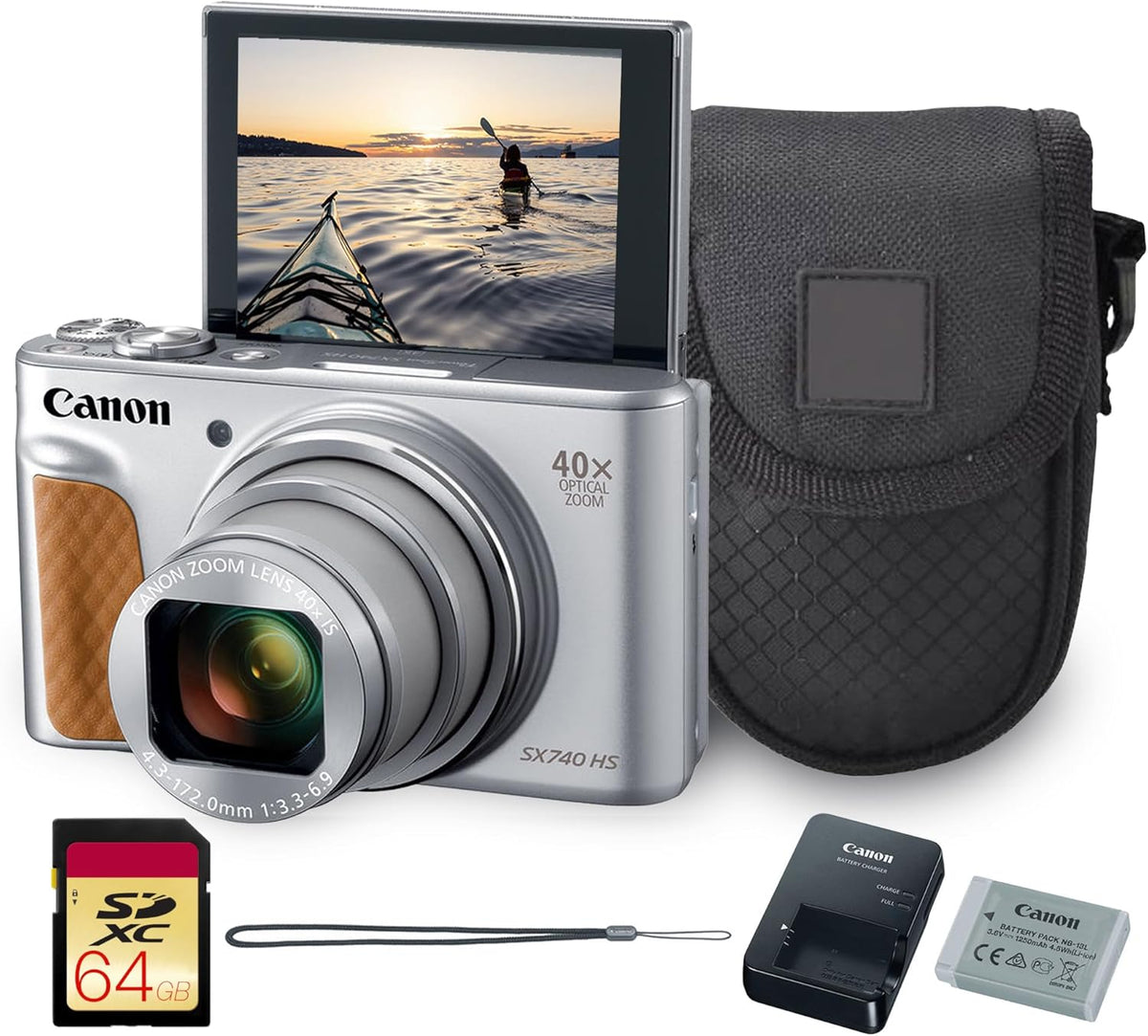Canon PowerShot SX740 HS Digital Camera (Silver) – 20.3MP  40x Optical Zoom  4K UHD Video  Wi-Fi & Bluetooth  Compact Travel Point & Shoot (2956C001) + Bag + 64GB Memory Card