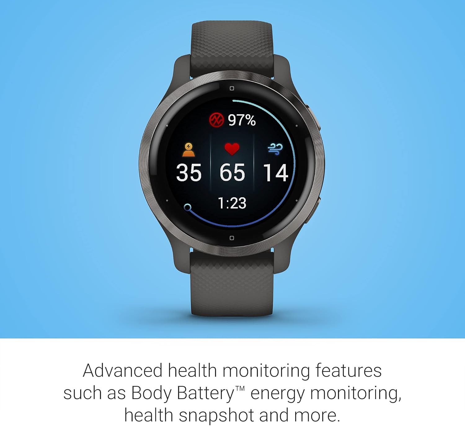 Garmin Venu 2S  Smaller-Sized GPS Smartwatch with Advanced Health Monitoring and Fitness Features  Slate Bezel with Graphite Case and Silicone Band  (010-02429-00) (Renewed)