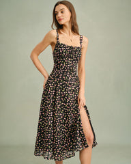 Black Floral Zipper Slip Midi Dress