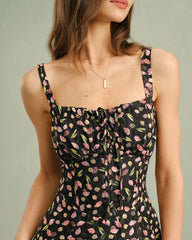 Black Floral Zipper Slip Midi Dress