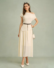 Apricot Boat Neck Belt Midi Dress