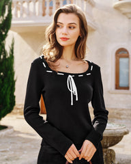 Black Square Neck Viscose Knit Top