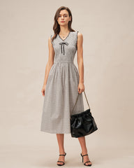 Black V Neck Plaid Midi Dress