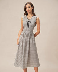 Black V Neck Plaid Midi Dress