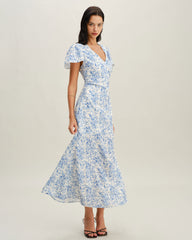 Blue Floral V Neck Button Maxi Dress